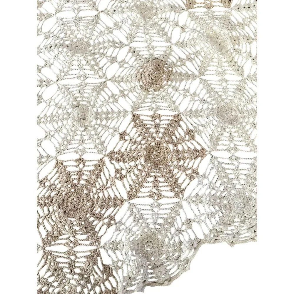 Vintage Handmade Crochet Tablecloth Used Cream Tan